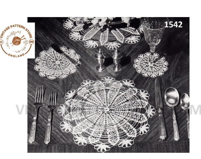 40s vintage place mat coasters lacy lace doily doilies dining luncheon set pdf crochet pattern 14" 11" 6.5" and 4.5" diameter Download 1542