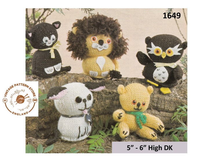 80s vintage DK cuddly toy cat kitten lion cub dog and teddy bear pdf knitting pattern 5" to 6" high Instant PDF Download 1649