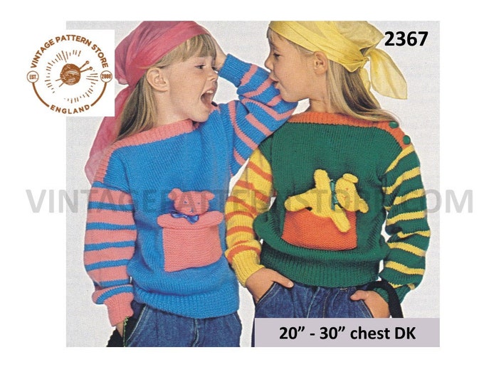Boys Girls Toddlers DK slash neck drop shoulder striped teddy in your pocket dolman sweater pdf knitting pattern 20" to 30" Download 2367