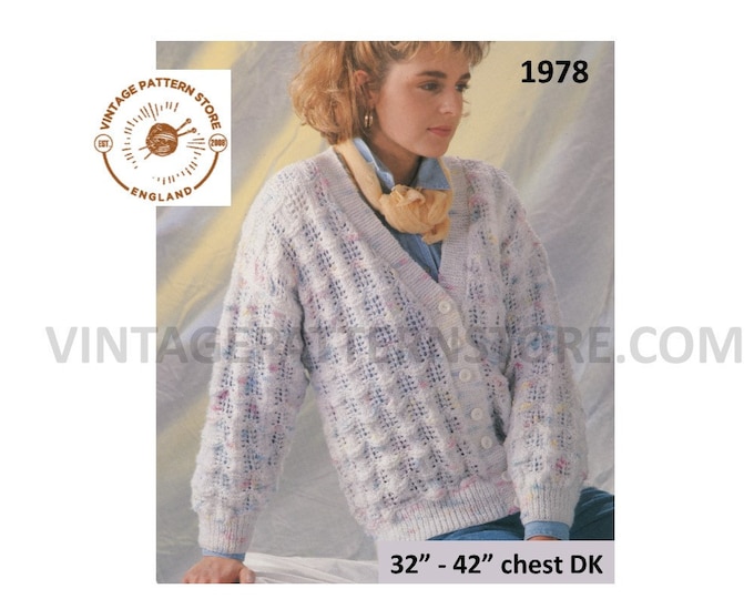 Womens Ladies 90s DK V neck lacy lace check drop shoulder dolman cardigan pdf knitting pattern 32" to 42" chest Instant PDF download 1978