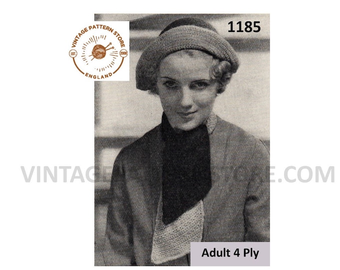 Ladies Womens 30s vintage 4 ply crochet hat and scarf pdf crochet pattern One Size Instant PDF download 1185