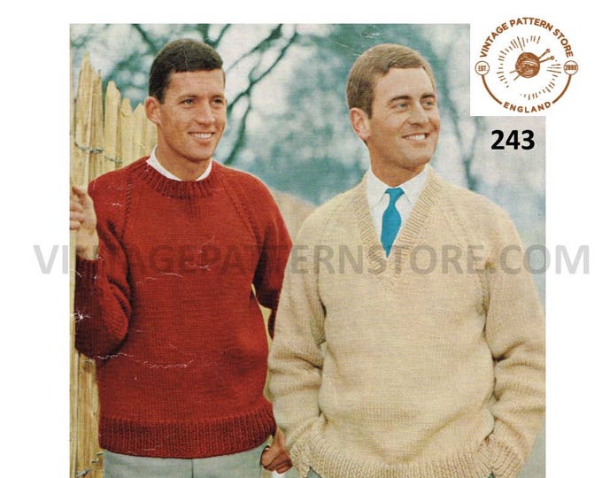 Mens Mans 60s vintage simple and easy to knit V or round neck chunky knit raglan sweater jumper pdf knitting pattern 36" to 46" download 243