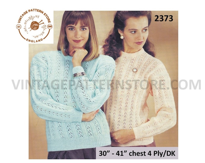 Ladies Womens 90s round neck easy to knit 4 ply or DK lacy stripe raglan sweater jumper pdf knitting pattern 30" to 41" PDF Download 2373