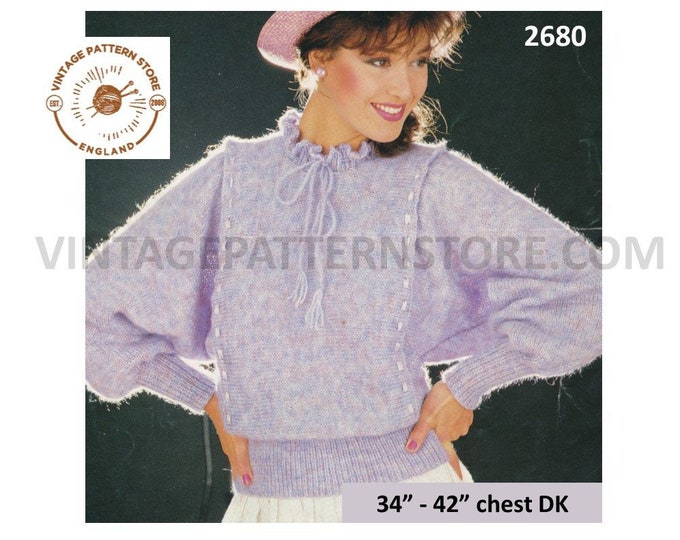 Ladies batwing sweater knitting pattern, Ladies Womens 80s ribbon trim tabard front DK sweater pattern - 34" - 42" chest - PDF download 2680