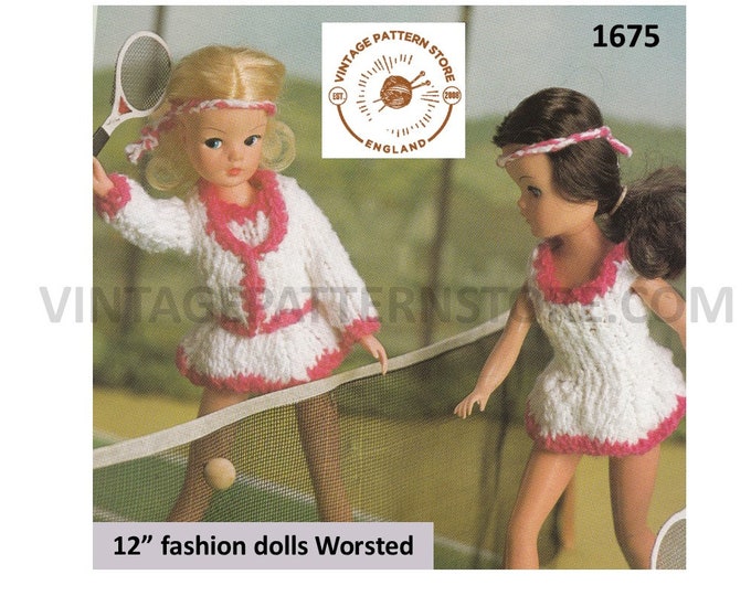 80s vintage Barbie Sindy 12" fashion doll worsted dolls clothes tennis outfit pdf knitting pattern Instant PDF Download 1675