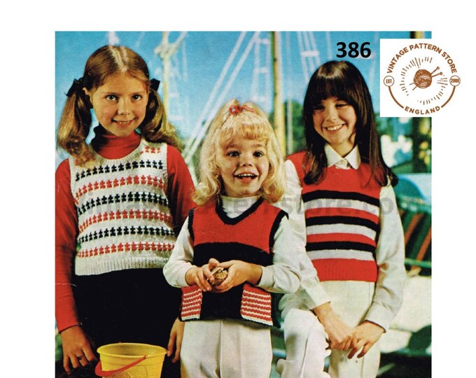 Girls 70s sweater vest knitting pattern, Girls fair isle striped and geometric DK slipover tank top pattern - 24" - 34" - PDF download 386