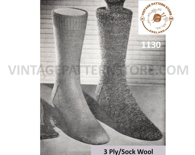 Mens plain socks knitting pattern, Mens 50s socks pattern, Mens 3 ply socks pattern, Mens vintage socks pattern - PDF download 1130