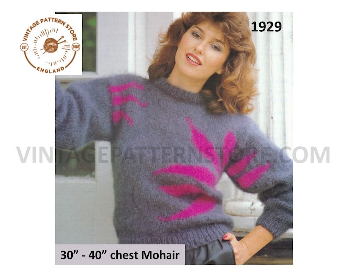 Ladies Womens 90s crew neck colour splash intarsia dolman mohair sweater jumper pdf knitting pattern 30" to 40" Instant PDF download 1929