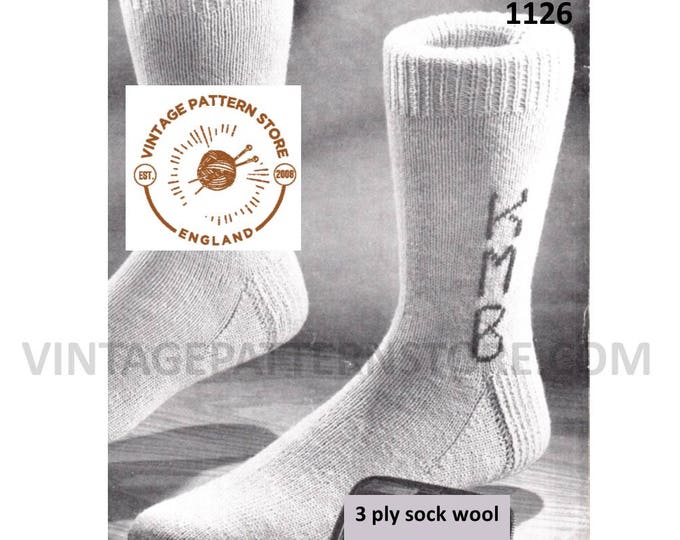 Mens Mans 50s vintage 3 ply personalised initialled embroidered plain socks pdf knitting pattern instant PDF download 1126