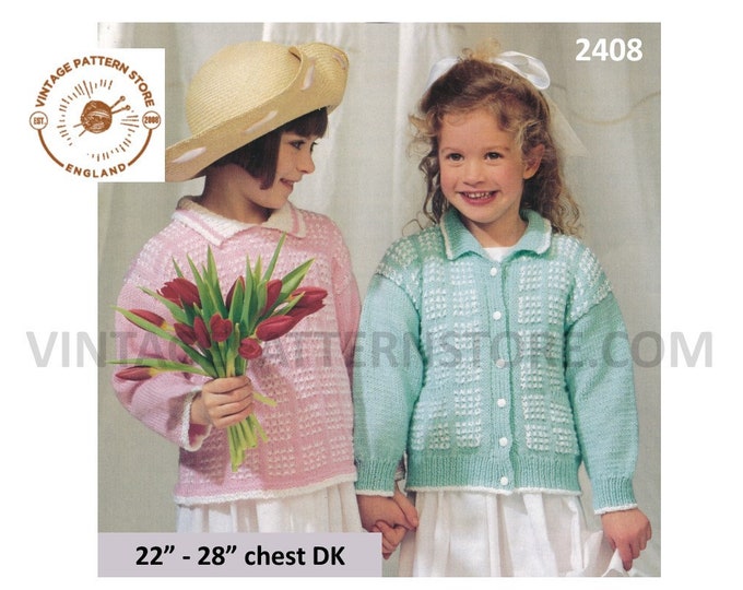 Girls 90s DK round neck collared check patterned raglan sweater jumper & cardigan pdf knitting pattern 22" to 28" chest PDF download 2408