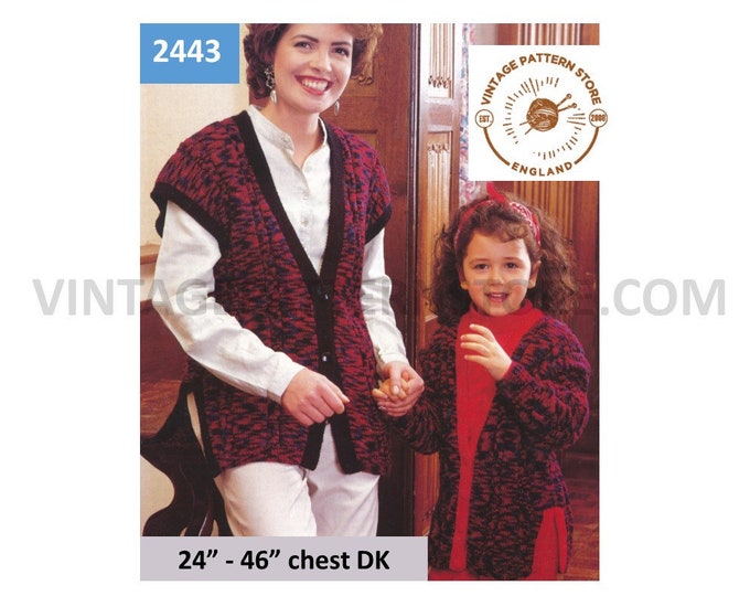 Ladies Womens Girls 90s DK V neck cap sleeve waistcoat & raglan split side cardigan pdf knitting pattern 24" to 46" chest PDF download 2443
