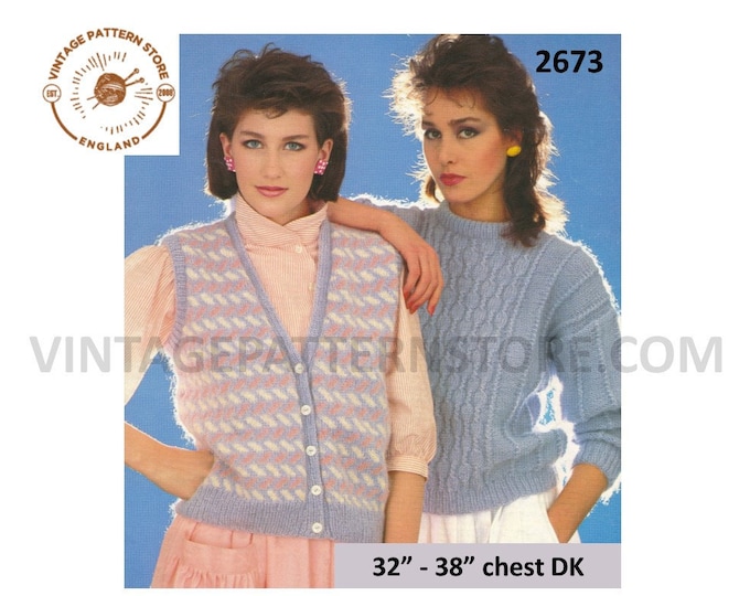 Ladies 80s knitting pattern, Ladies Womens 80s DK cable sweater jumper & fair isle waiscoat pattern - 32" - 38" chest PDF download 2673