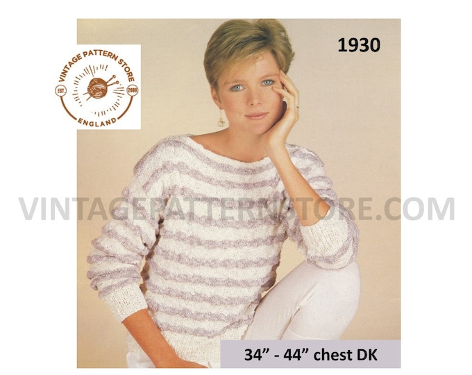 Ladies Womens 90s DK boat neck striped drop shoulder dolman sweater jumper pdf knitting pattern 34" to 44" chest Instant PDF download 1930