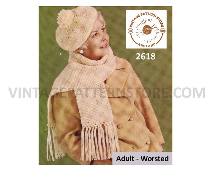 Ladies hat & scarf knitting pattern, Ladies 80s tam O'shanter hat scarf pattern, Ladies worsted tam O'shanter pattern - PDF download 2618