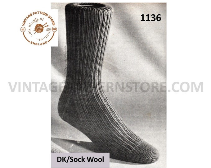 Mens ribbed socks knitting pattern, Mens 50s socks pattern, Mens DK socks pattern, Mens vintage socks pattern - PDF download 1136
