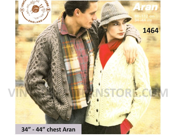 Ladies Womens Mens 90s V neck cable cabled raglan aran cardigan jacket pdf knitting pattern 34" to 44" chest Instant PDF Download 1464