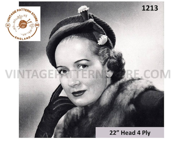 Ladies Womens 50s vintage 4 ply reshapeable beret hat pdf knitting pattern 22" Head Size Instant PDF download 1213