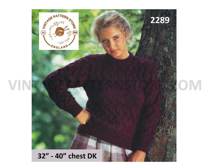 Ladies Womens 80s vintage DK crew neck cable cabled raglan DK sweater jumper pdf knitting pattern 32" to 40" chest Instant PDF download 2289