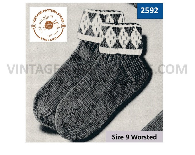 Ladies Womens 40s vintage worsted fair isle banded turn top ankle socks pdf knitting pattern Size 9 Only Instant PDF download 2592