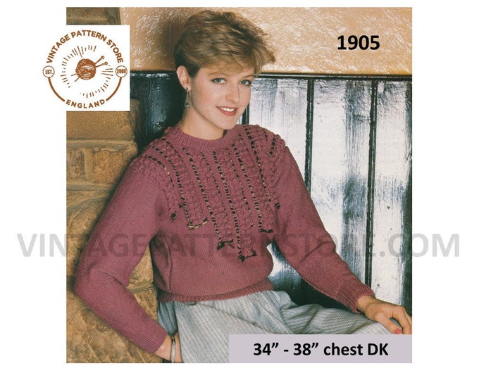 Ladies Womens 80s vintage DK crew neck ribbon & cabled cable raglan sweater jumper pdf knitting pattern 34" to 38" bust PDF download 1905