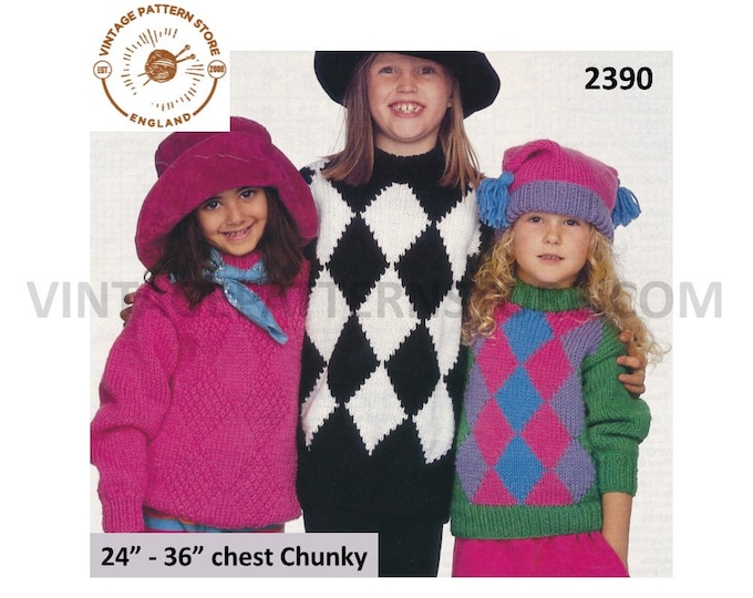 Girls Boys easy to knit diamond intarsia colour blocked geometric chunky knit sweater jumper pdf knitting pattern 24" to 36" download 2390