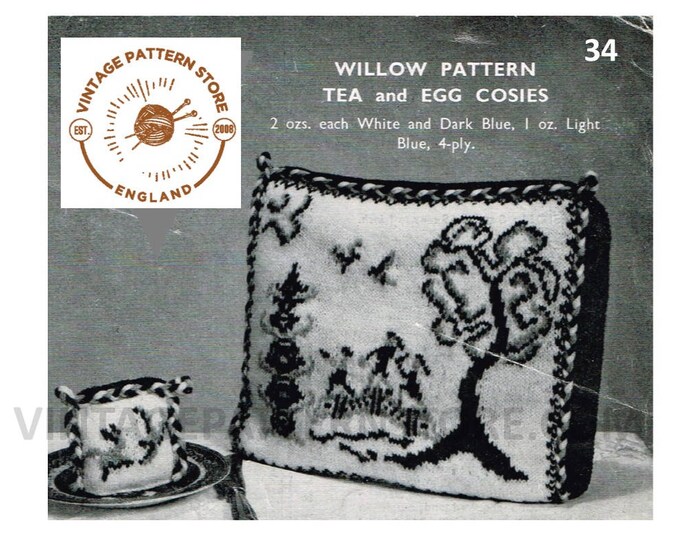 40s vintage 4 ply oriental willow pattern rectangular tea and egg cosy breakfast set pdf knitting pattern Instant PDF Download 34