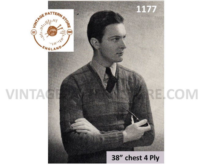 Mens 30s sweater knitting pattern, Mens 4 ply sweater patterns, Mens V neck check raglan sweater pattern - 38" chest - PDF download 1177