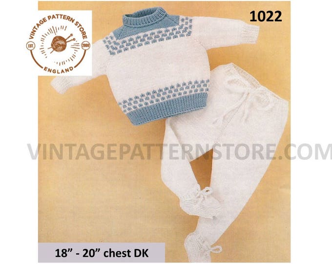 Baby Babies 70s easy to knit leggings & turtleneck polo neck fair isle banded sweater jumper pdf knitting pattern 18" to 20" Download 1022
