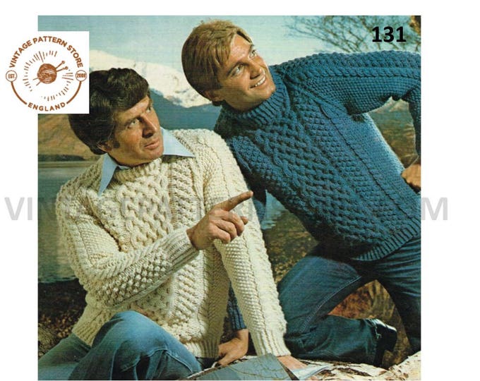 Mens Mans 70s vintage crew or polo neck cable cabled raglan aran sweater jumper pdf knitting pattern 38" to 42" chest Instant download 131