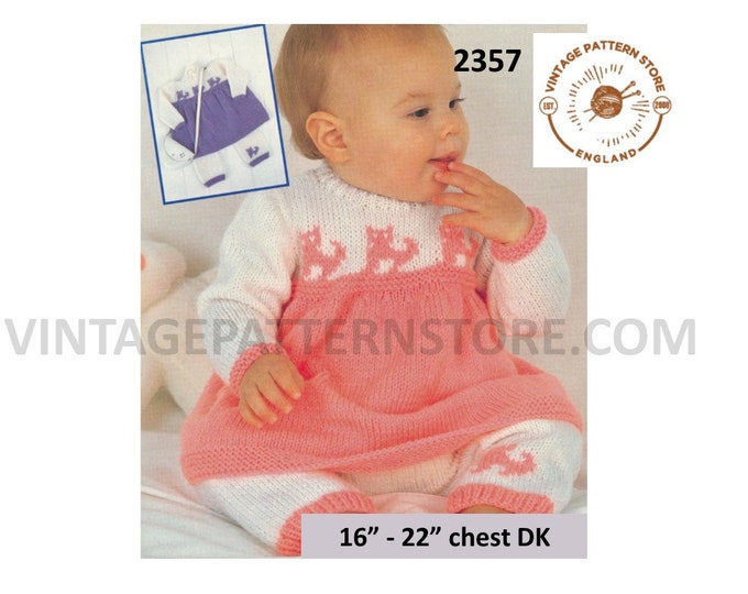 Baby Babies Toddlers 90s DK cat kitten intarsia motif raglan dress and leggings pdf knitting pattern 16" to 22" chest Instant download 2357