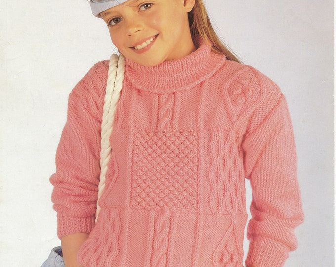 Girls polo neck sweater knitting pattern, Girls 90s turtleneck cable raglan sweater pattern - 26" - 38" chest - Jarol 54