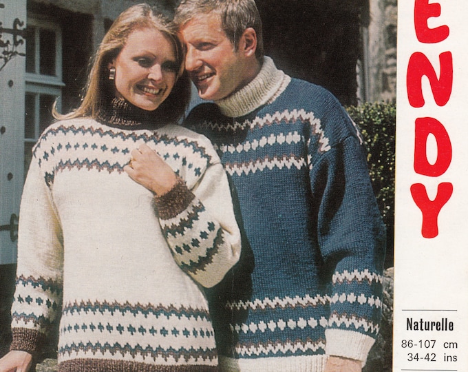 Couples sweater knitting pattern, 70s turtle neck sweater, fair isle banded sweater, worsted jumper - 34" - 42" chest - Wendy 1596