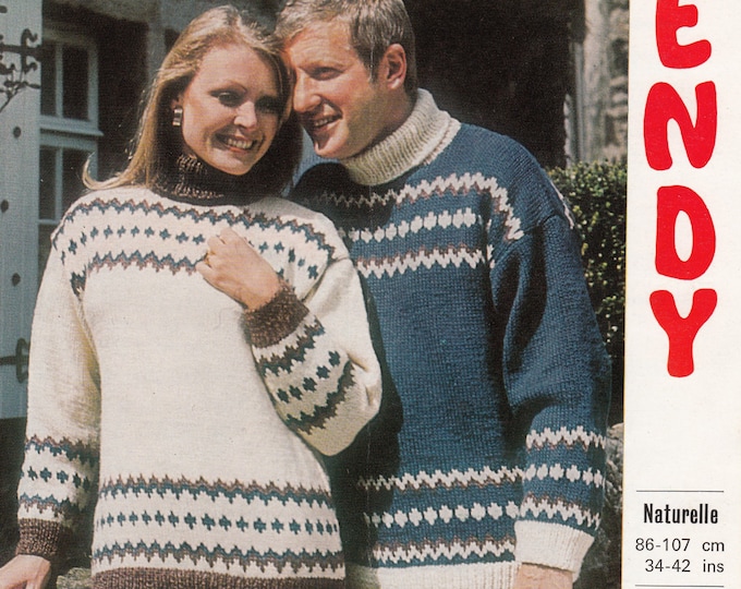 Couples sweater knitting pattern, 70s turtle neck sweater, fair isle banded sweater, worsted jumper - 34" - 42" chest - Wendy 1596