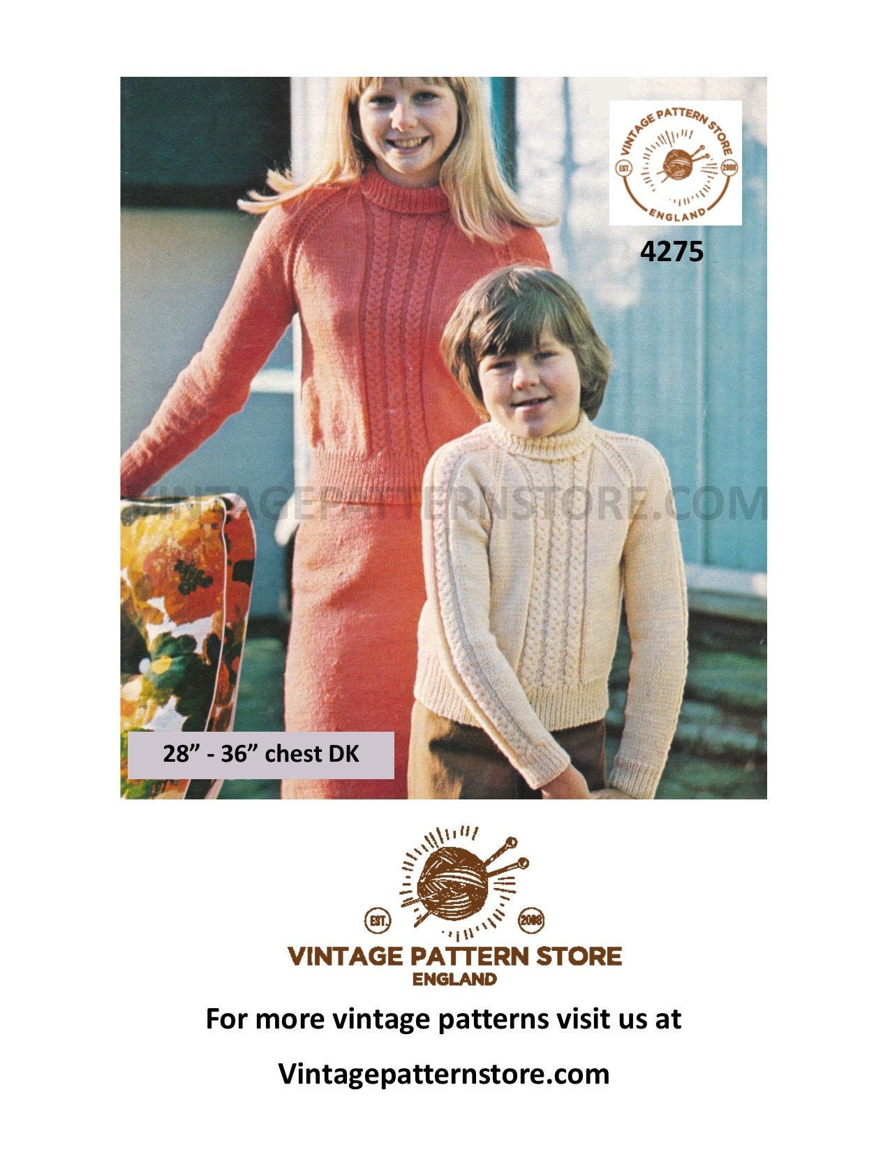 Girls Boys 70s vintage DK polo neck turtleneck cable panel cabled ...