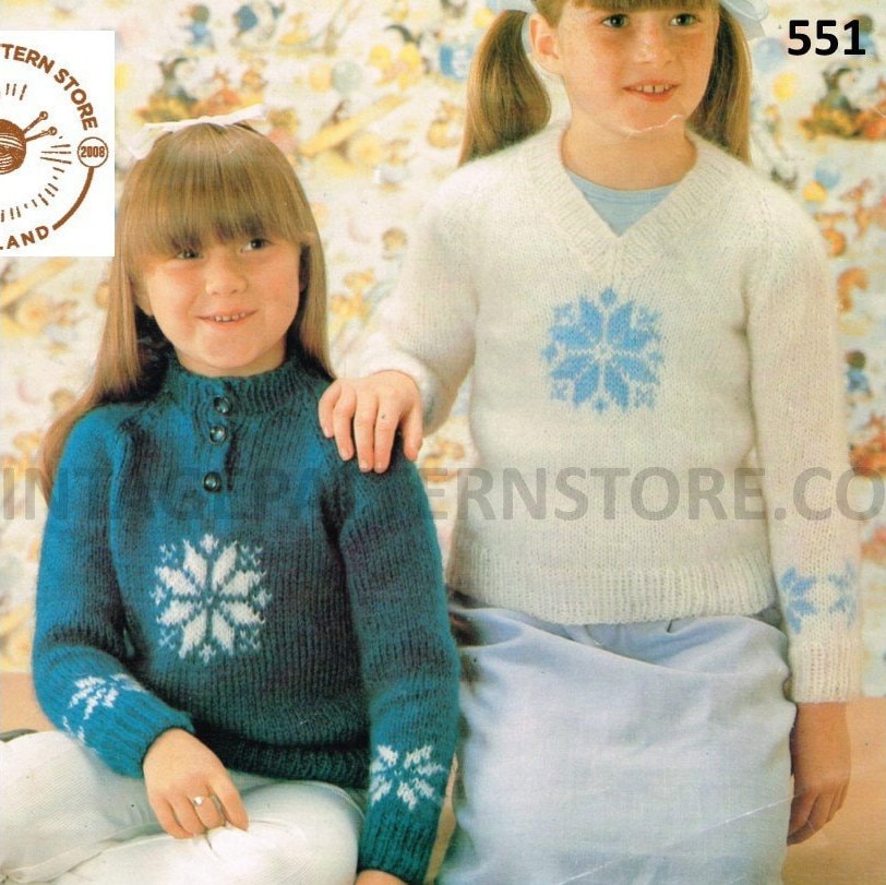 Girls 90s easy to knit Christmas Holiday snowflake intarsia raglan aran sweater jumper pdf knitting pattern 24 to 30 PDF download 551