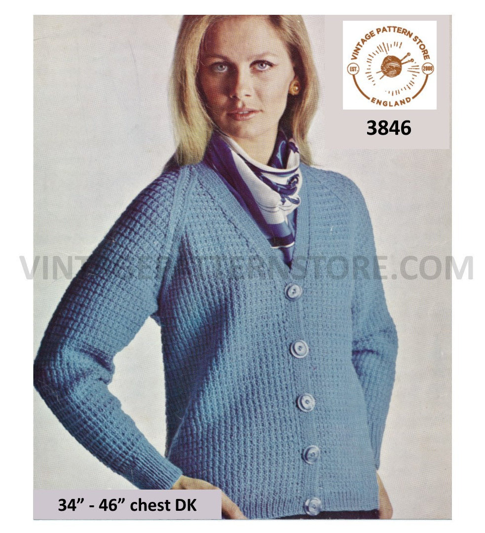 Ladies Womens 70s vintage Chanel style V neck textured raglan DK jacket  cardigan pdf knitting pattern 34 to 38 Chest Instant download 3834