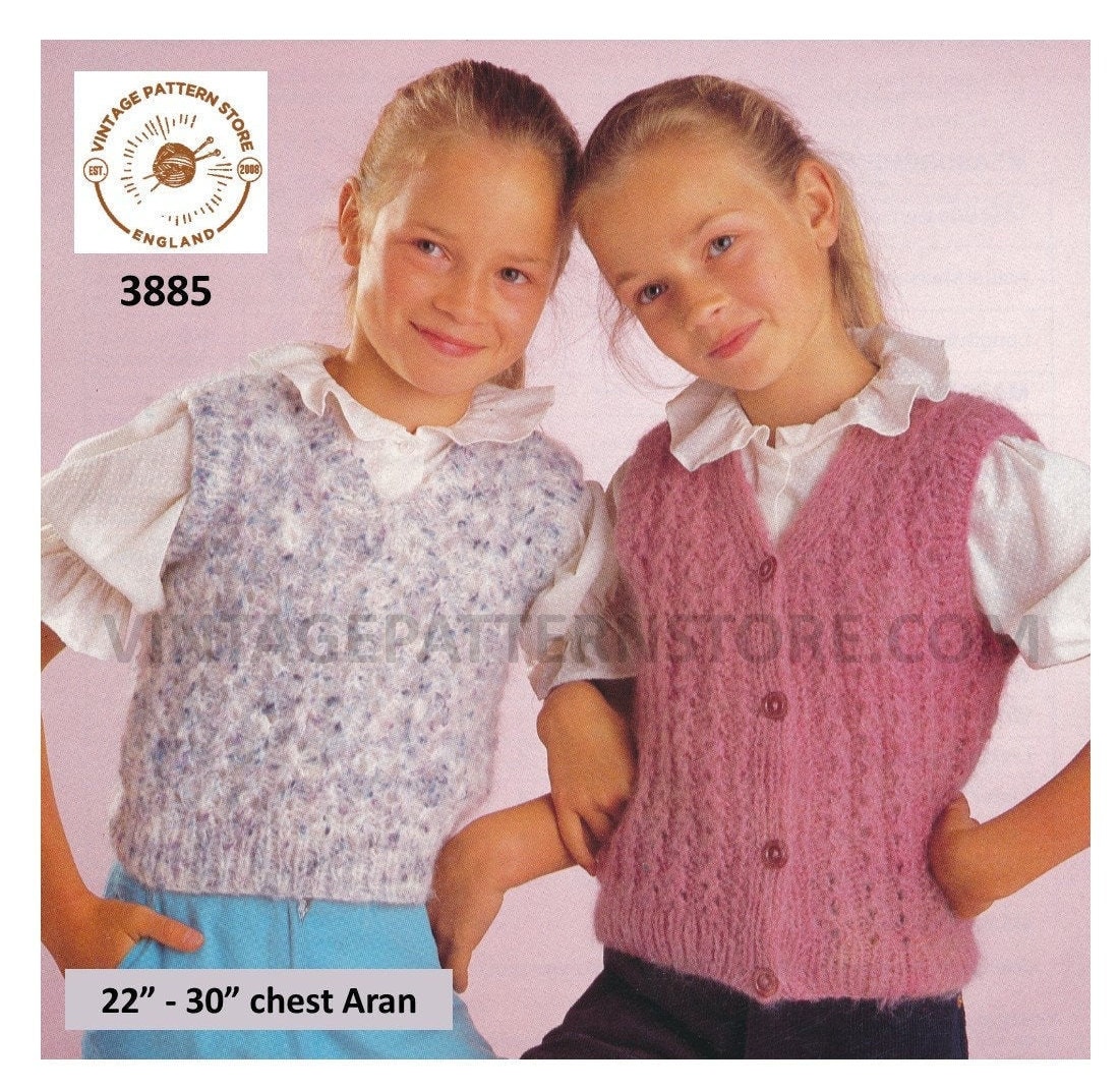 Girls 90s easy to knit V neck aran waistcoat sleeveless slipover