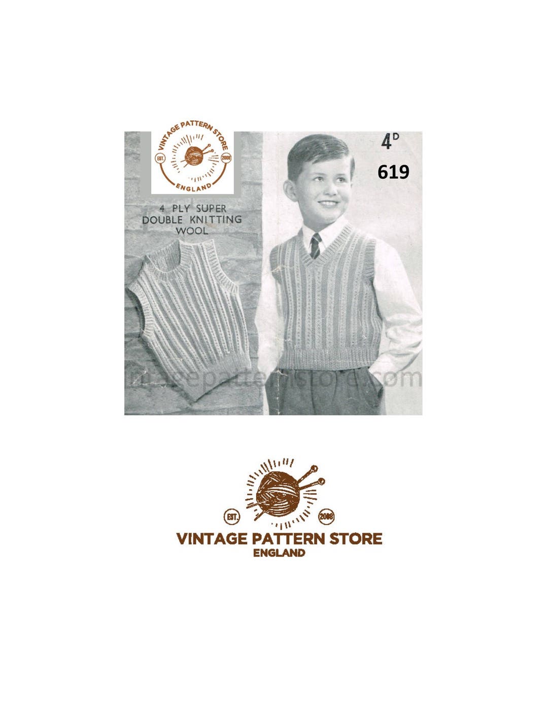Boys 40s Vintage 4 Ply or DK Round or V Neck Cable Rib