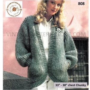 Ladies Womens 80s vintage V neck drop shoulder chunky knit open front dolman cardigan pdf knitting pattern 33" to 38" Instant download 808