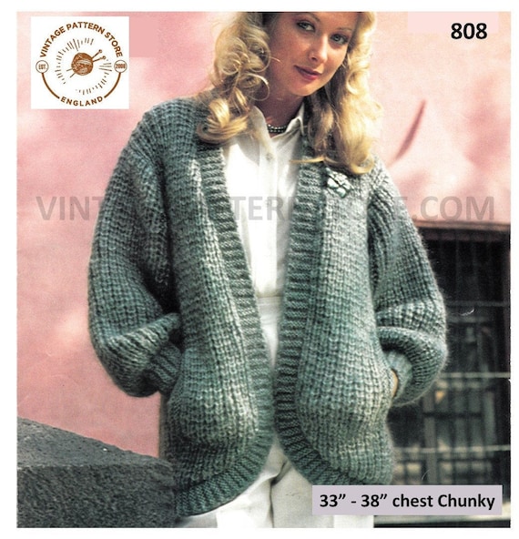 Ladies Womens 80s Vintage V Neck Drop Shoulder Chunky Knit Open Front Dolman Cardigan Pdf Knitting Pattern 33 to 38 Instant Download 808 - Etsy Ladies Womens 80s Vintage V Neck Drop Shoulder Chunky Knit Open Front Dolman Cardigan Pdf Knitting Pattern 33 to 38 Instant Download 808 - Etsy