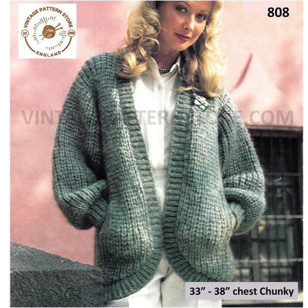 Mesdames Womens 80 s vintage V cou drop épaule gros tricot ouvert devant dolman cardigan pdf patron de tricot 33" à 38" Téléchargement instantané 808