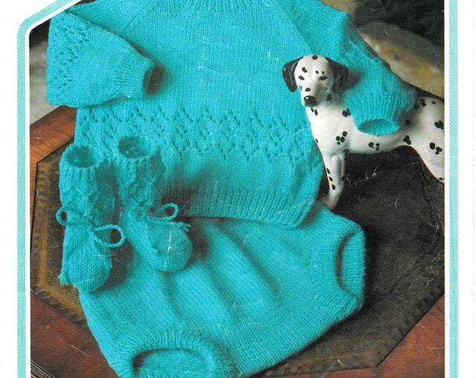 Original Pattern Peter Pan 439 Baby Babies Toddlers 4 ply eyelet lace lacy raglan sweater pilch & booties knitting pattern 18" to 22" chest