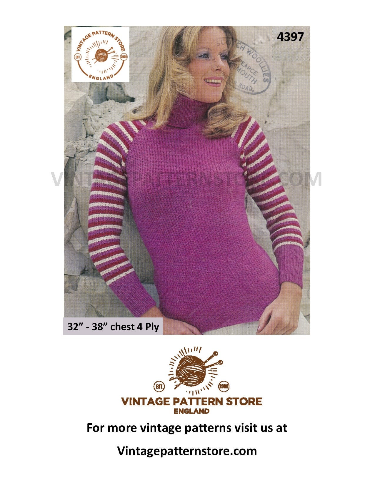 vintage womens polo neck sweater knitting pattern pdf  ladies ribbed long jumper roll neck 32-40 DK 8ply light worsted PDF instant download