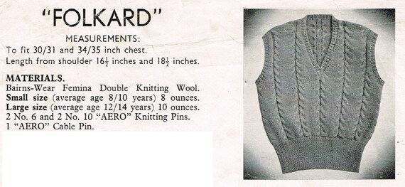 Boys 40s Vintage Easy to Knit V Neck Cable Cabled DK Sweater
