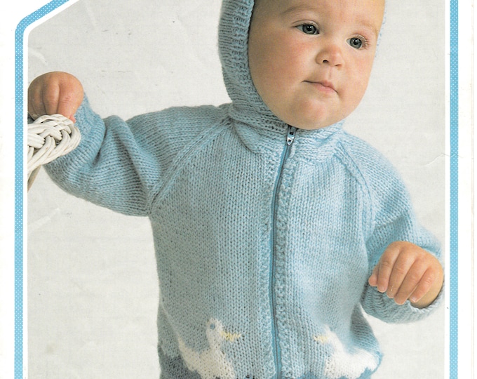 Original Pattern Peter Pan 445 Baby Babies Toddlers 80s DK duck motif intarsia zipped raglan hoodie jacket knitting pattern 16" to 20" chest