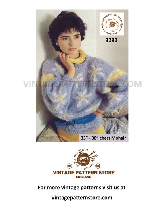 トップス 80s Flower Design Mohair Knit Womens Ladies 80s Floral Daisy Intarsia Round Neck Drop Shoulder