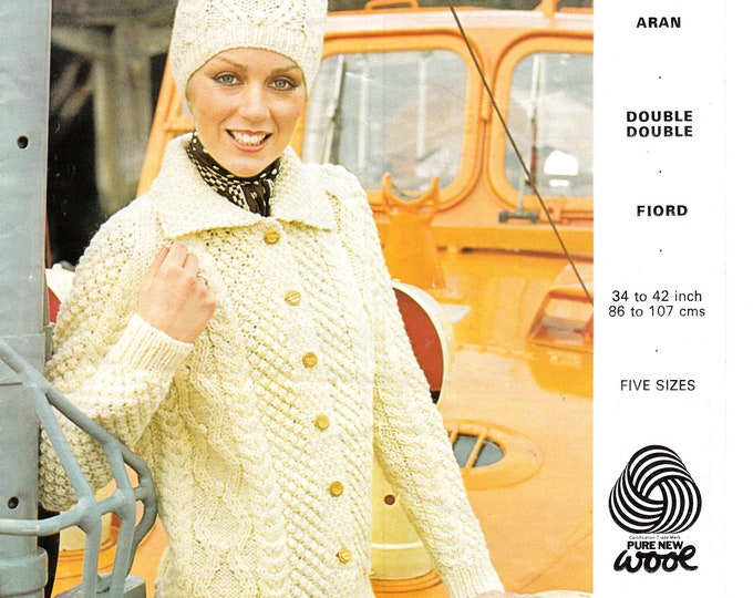 Ladies aran jacket knitting pattern, Ladies Womens 70s cable aran cardigan jacket & toque hat pattern - 34" - 42" chest - Emu 3224