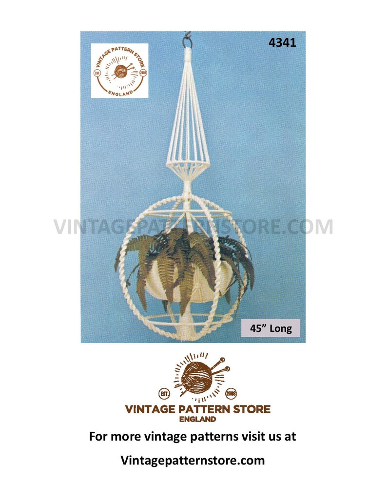 May include: A white macrame plant hanger with a round base and a pointed top. The hanger is 45 inches long and is shown with a potted plant.