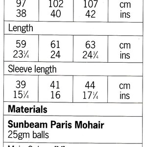 May include: A knitting pattern for a sweater using Sunbeam Paris Mohair yarn. The pattern includes measurements for bust, length, and sleeve length in inches and centimeters. It also lists the yarn requirements and knitting needle sizes.