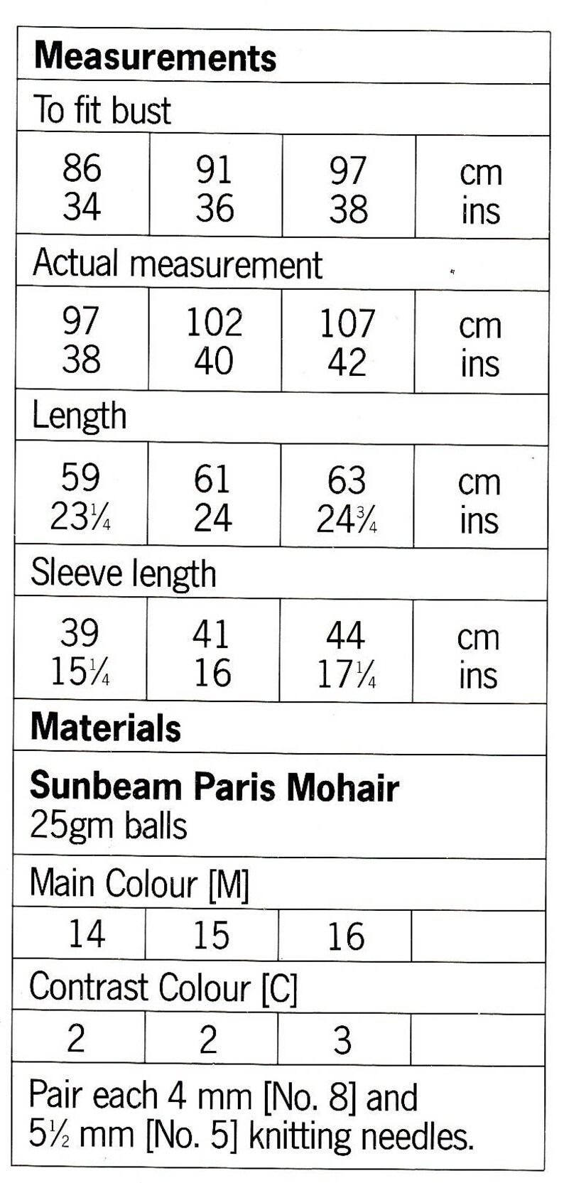 May include: A knitting pattern for a sweater using Sunbeam Paris Mohair yarn. The pattern includes measurements for bust, length, and sleeve length in inches and centimeters. It also lists the yarn requirements and knitting needle sizes.